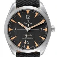 black stick and numerals dial of the Omega Railmaster Black Replica