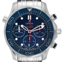 blue and dot dial of the Omega 300m Chronograph Replica