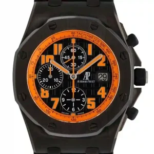 Black and orange dial of the watch