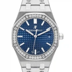 Blue dial and gem set bezel of the watch